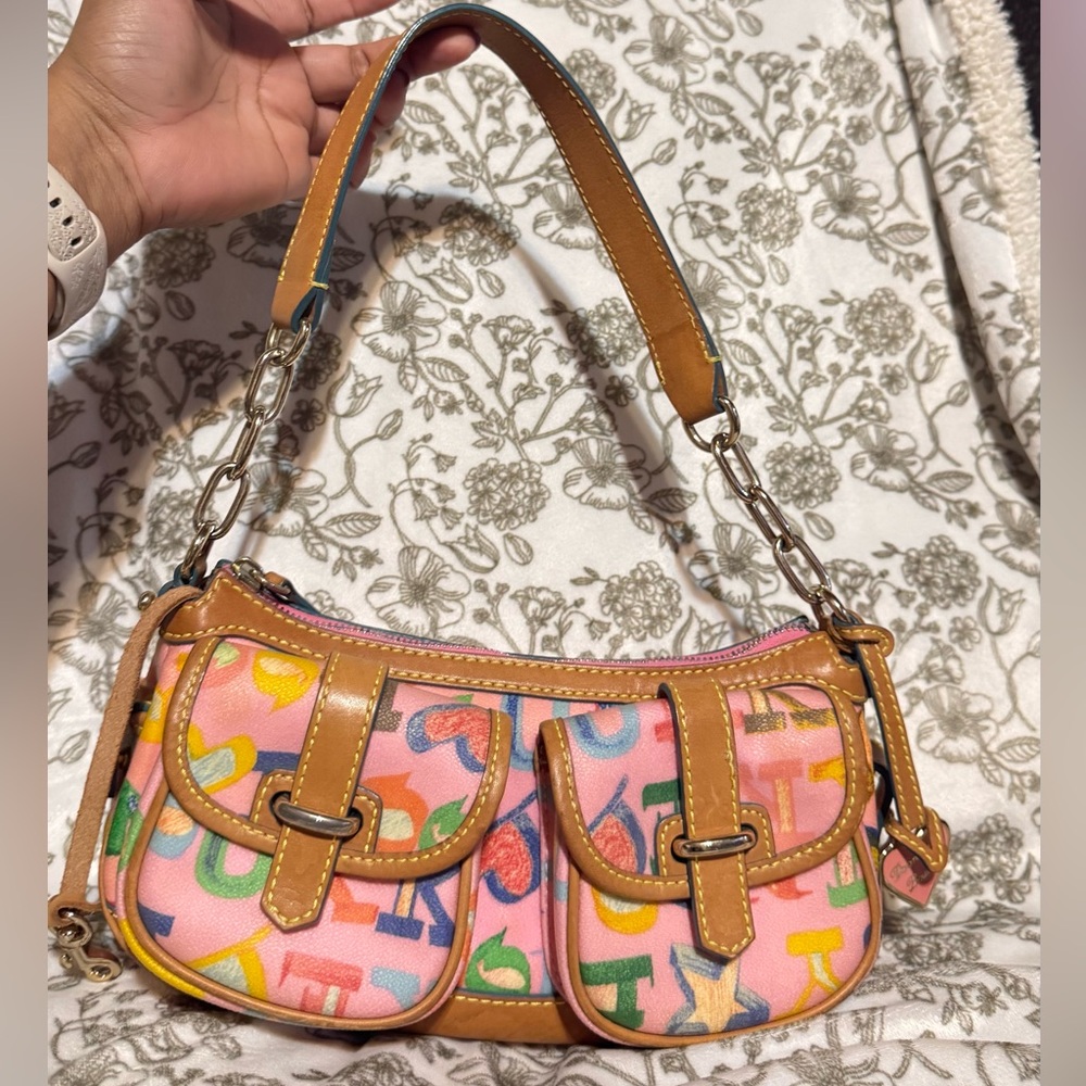 Rare Dooney & Bourke Pink Multicolor Logo Shoulder Bag with Tan Trim